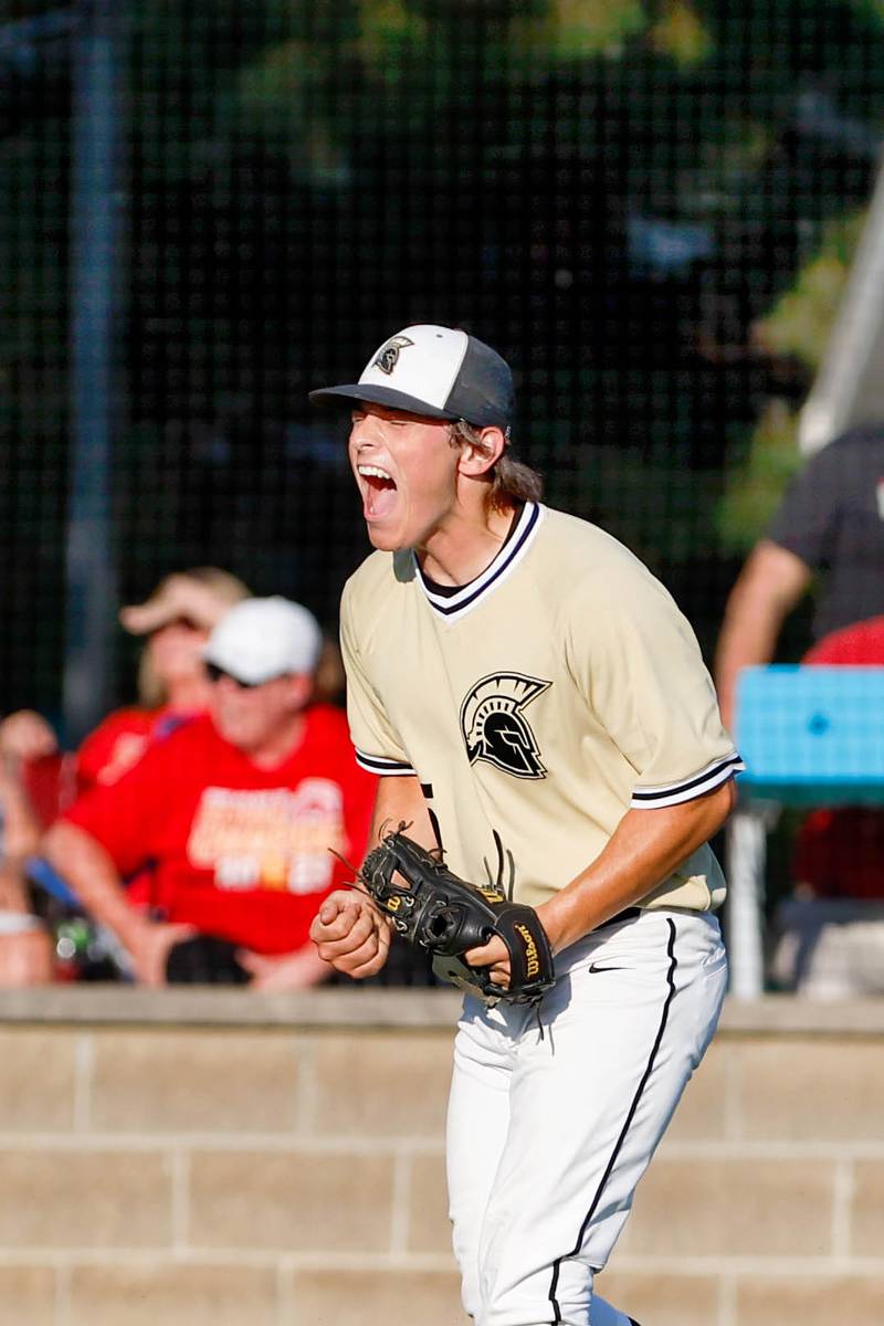 Sycamore's Owen Piazza (5) reacts during the fourth inning of an Illinois Class 3A super-sectional, Monday, June 5, 2023, in Geneseo.
