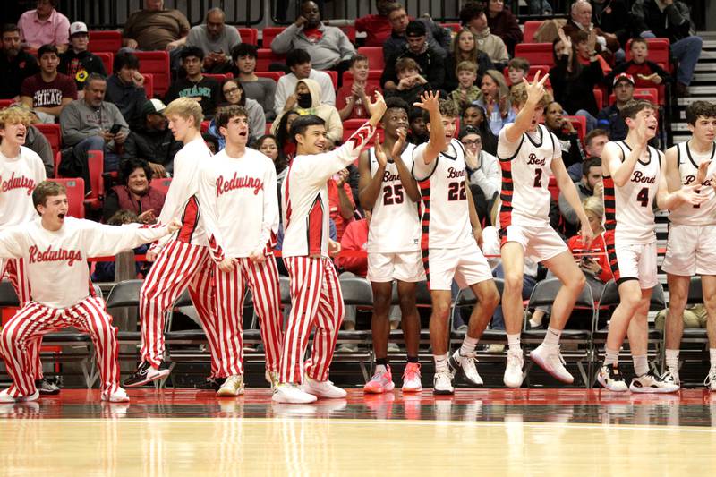 The Benet bench erupts during the Class 4A NIU Supersectional against Rockford Auburn in DeKalb on Monday, March 6, 2023.