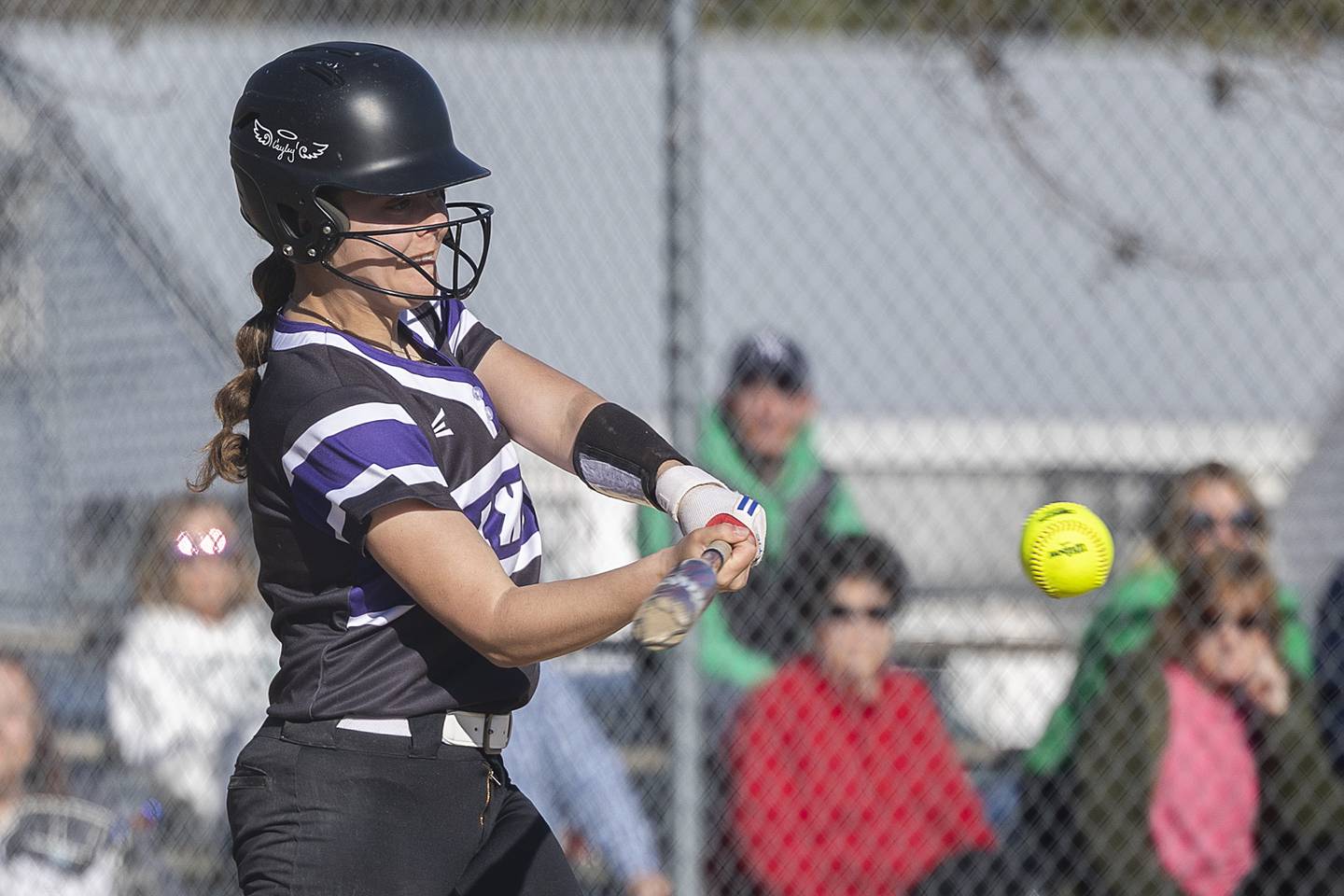 Dixon’s Elly Brown connects for a hit against Rock Falls Tuesday, April 9, 2024 at Reynold’s field in Dixon.