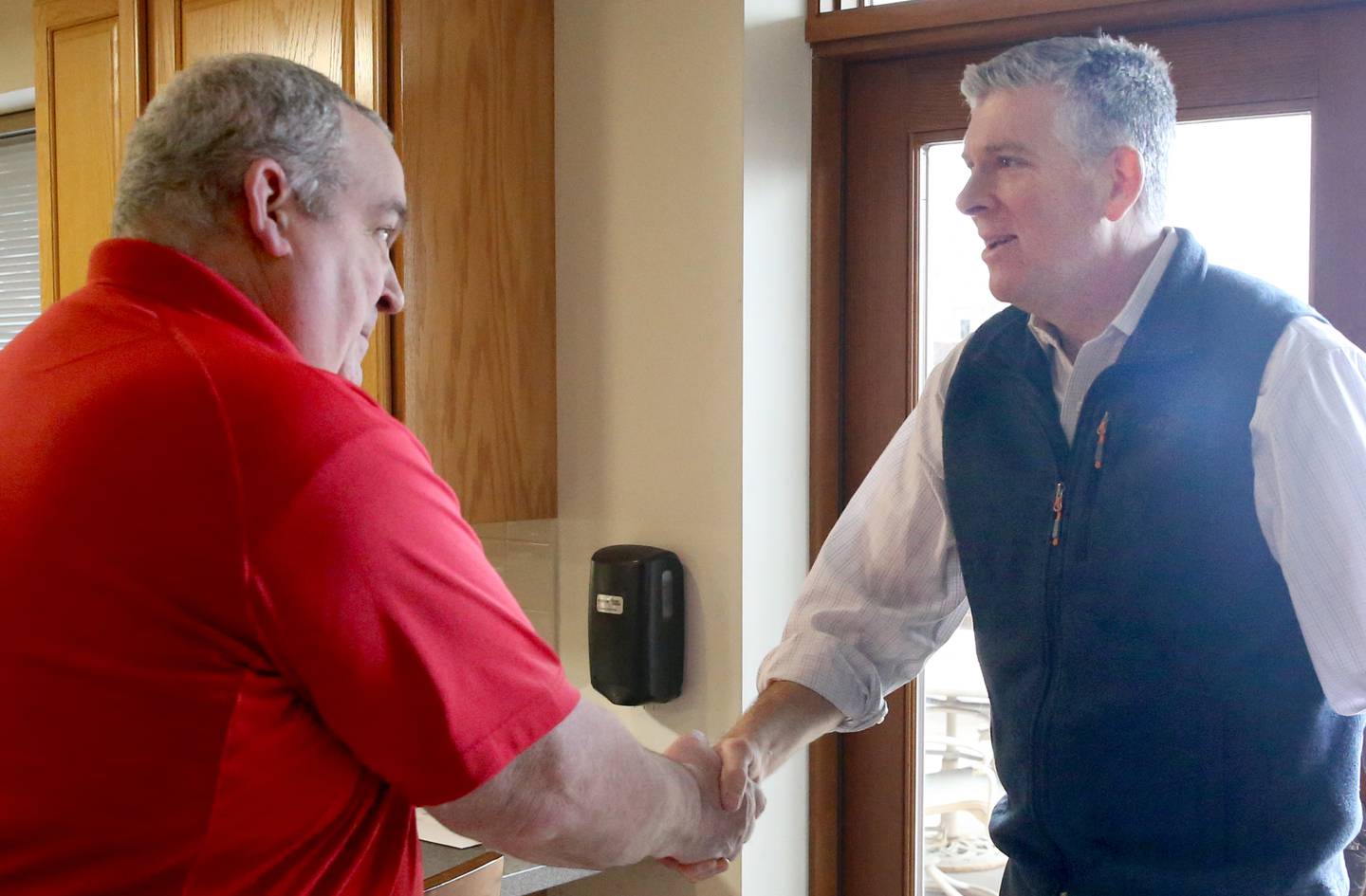 U.S. Rep. Darin LaHood (R-Illinois) meets with Streator Fire Chief Gary Bird as he tours the fire department on Tuesday, Feb. 14, 2023 in Streator.