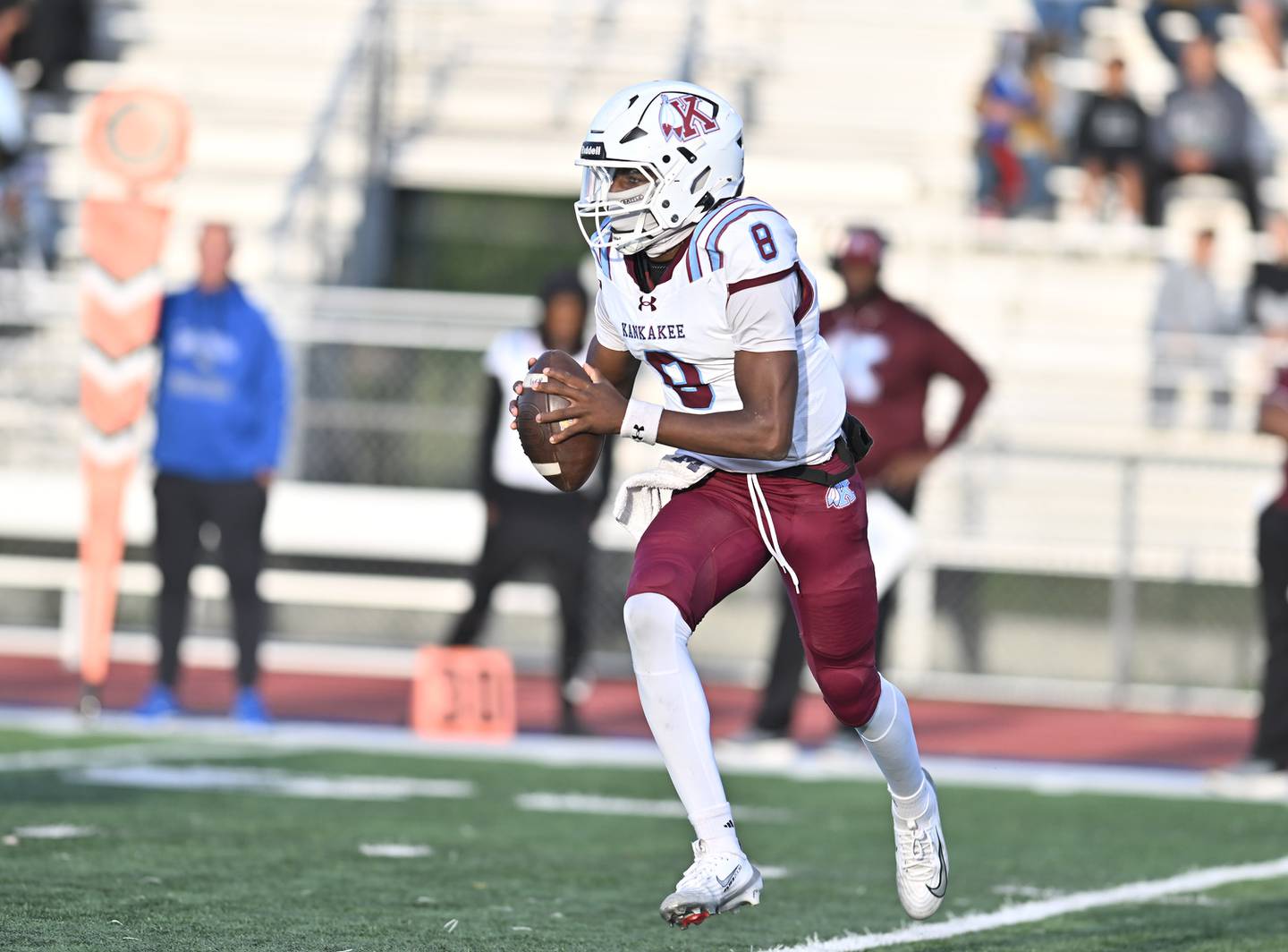Kankakee's Kymani Billings (8) in action during the non-conference game against Lincoln Way East on Friday, Sept. 05, 2025, at Frankfort.
