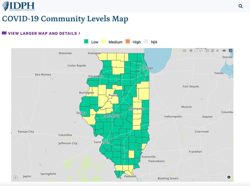 The latest COVID-19 community transmission levels according to the Illinois Department of Public Health as of Friday, November 4, 2022