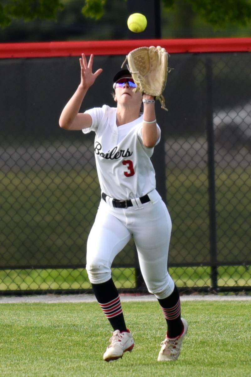 Bradley-Bourbonnais' Sophia Darling catches a fly ball during a home game against Lockport Tuesday, April 28, 2026.