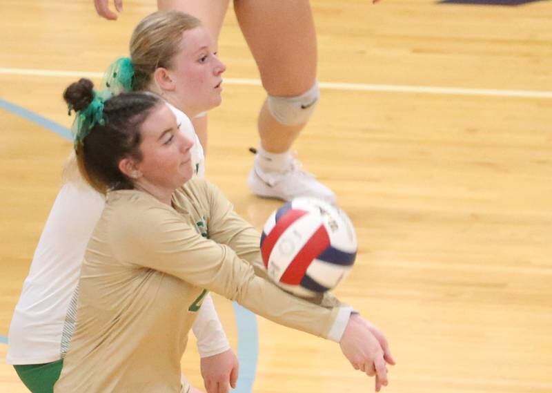 Seneca's libero Alyssa Zellers collides with teammate Lauryn Barla while returning a serve against Erie-Prophetstown in the Class 2A Sectional semifinal game on Tuesday, Nov. 5, 2024 at Bureau Valley High School.
