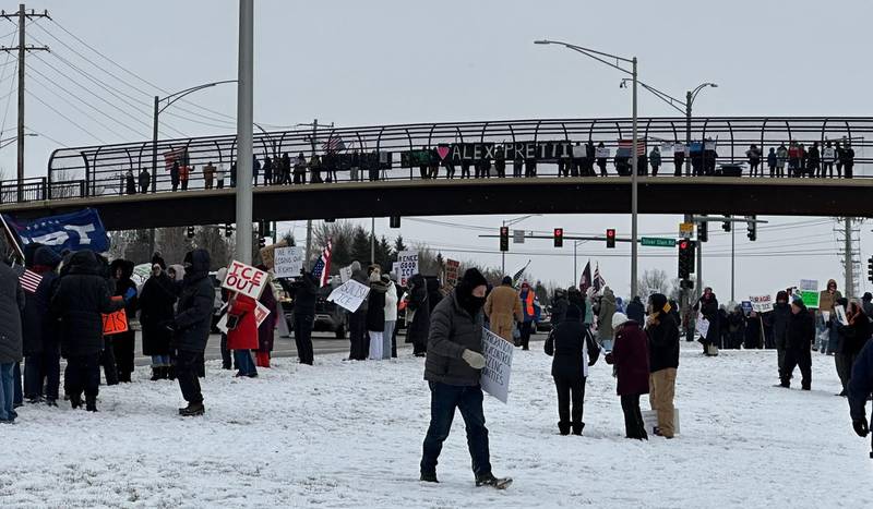 About 200 people protested on Randall Road in South Elgin Sunday, Jan. 25, 2026, against the latest ICE killing in Minnesota of  Alex Pretti, an ICU nurse.