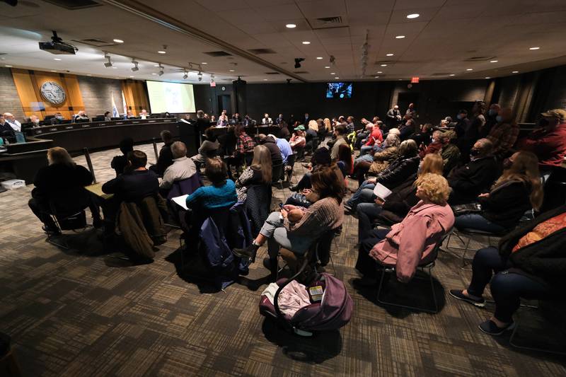 Concerned citizens pack the City Council Chambers at the Joliet Plan Commission meeting regarding NorthPoint's development of the Compass Business Park. Thursday, Nov.18, 2021 in Joliet.