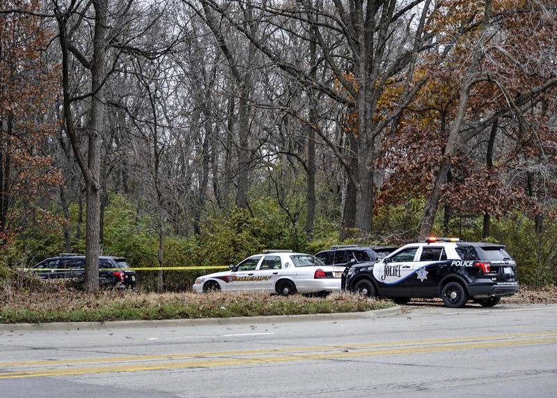 Law enforcement officials search a section of Jefferson Street on Nov. 12 after a body was discovered along the road near Joliet.
