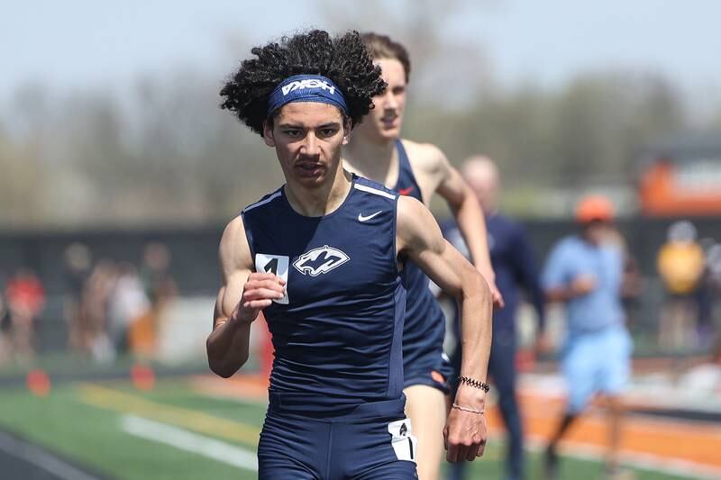 Plainfield South’s Camyn Viger sprints to the finish to finish 1st in the 3200 Meters at the Minooka Boys Track Invitational on Saturday, April 15, 2023 in Minooka.