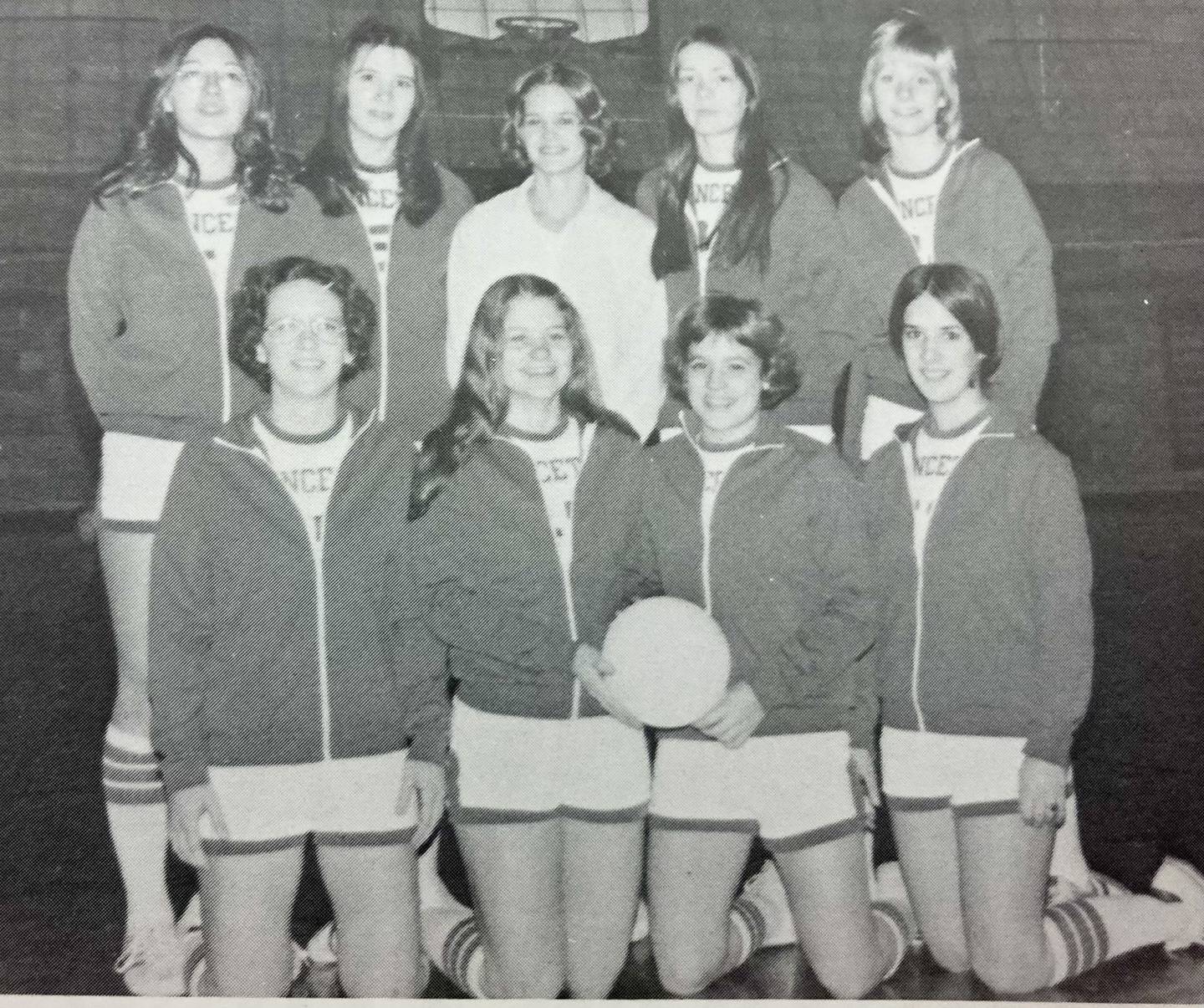 Rita Placek came to Princeton High School in the fall of 1974, taking over as volleyball coach in its second season. Team members were Jorja Bogott, Melinda Edgerly, Rita Goble, Deanna Howarter, Dina Lackey, Janet McMahon, Gail Schleuger and Dawn Wagner.