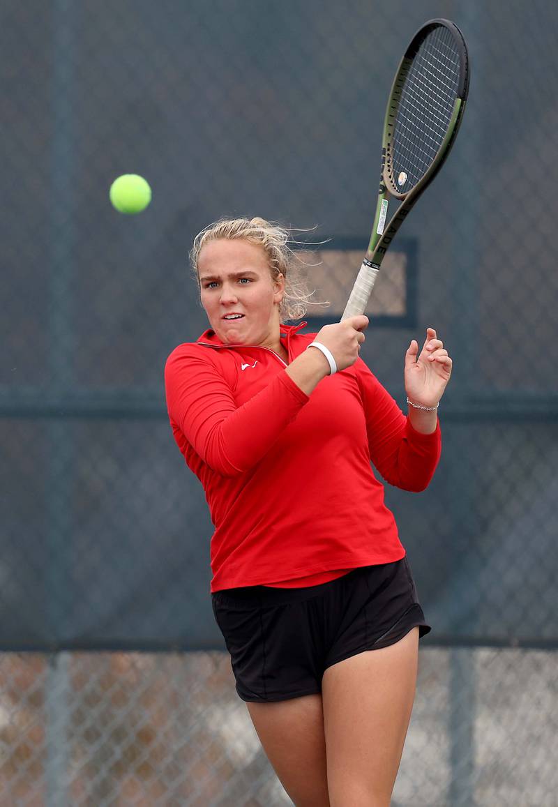 Benet AcademyÕs Shane Delaney during the 1A Doubles Final match at the IHSA State Tennis Finals Saturday October 21, 2023 in Buffalo Grove.