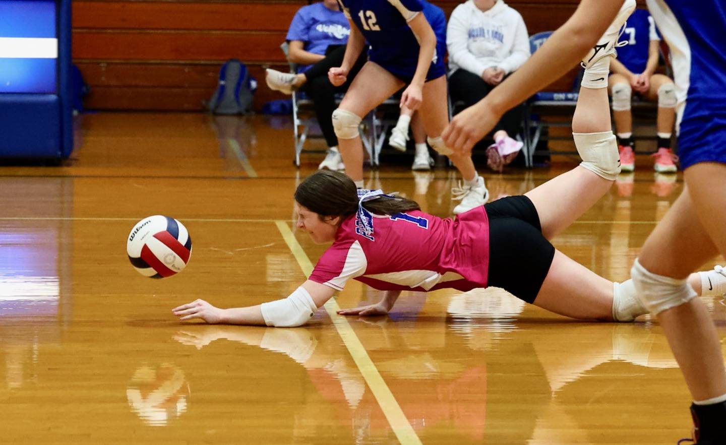 Princeton senior Camryn Driscoll lays out for save Tuesday night at Prouty Gym against Mendota. The Tigresses won 25-15, 25-12.