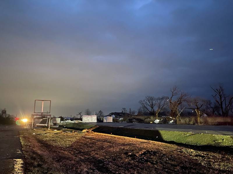 Debris lines the road after the storms in Kankakee on Tuesday, March 10, 2026.