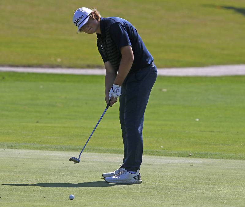 Cary-Grove’s Joseph Boldt putts on the 6th green during the Fox Valley Conference Boys Golf Tournament Wednesday, Sept. 25, 2024, at RedTail Golf Club in Lakewood.