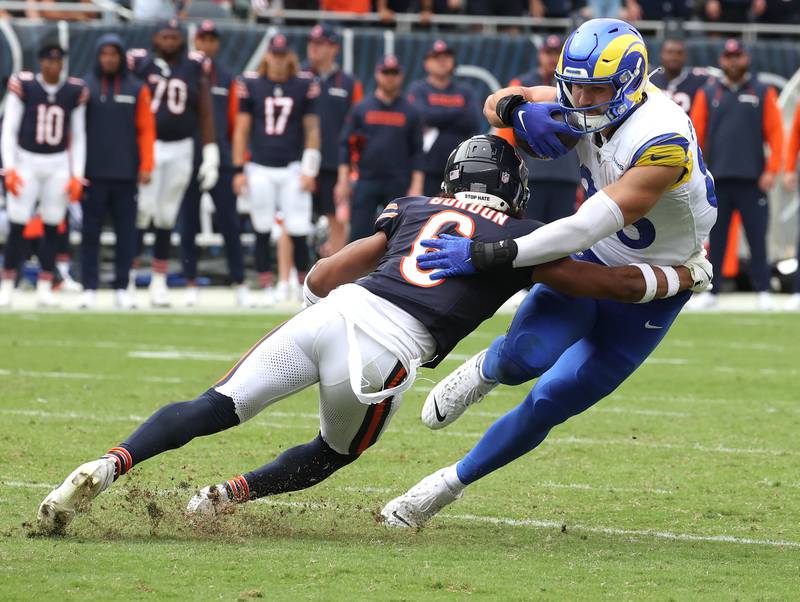 Chicago Bears cornerback Kyler Gordon tackles Los Angeles Rams tight end Colby Parkinson during their game Sunday, Sept. 29, 2024, at Soldier Field in Chicago.