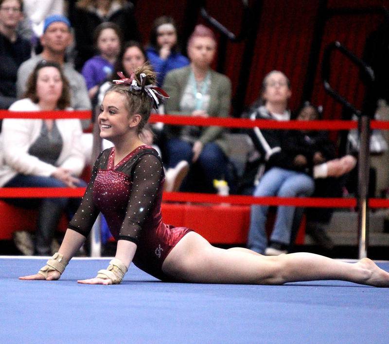 Prairie Ridge co-op's Gracie Willis competes on the floor exercise during the 2020 IHSA State Gymnastics Individual Finals at Palatine High School on Feb. 22.