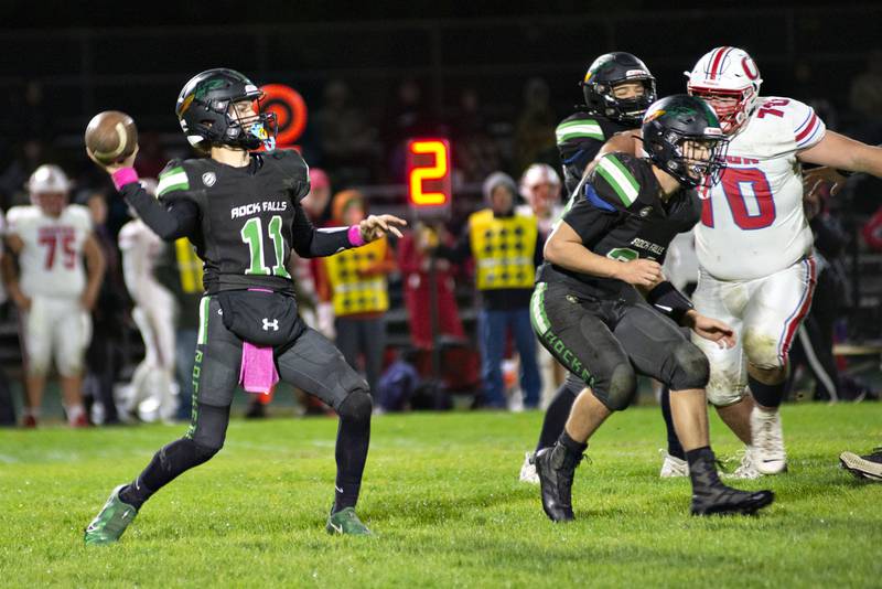 Rock Falls’ Kohle Bradley fires a pass against Oregon Friday, Oct. 14, 2022.