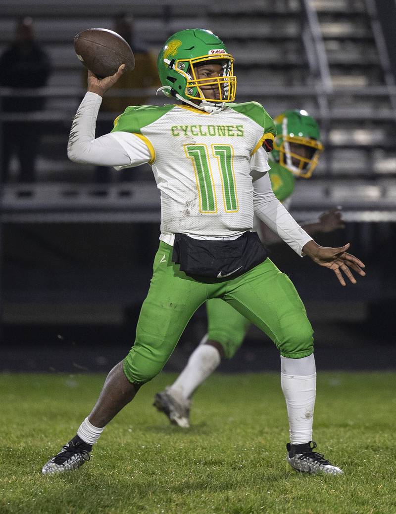 Chicago Ag Science’s Braeden Gillie fires a pass against Dixon Friday, Nov. 8, 2024 in the second round of the Class 4A football playoffs.