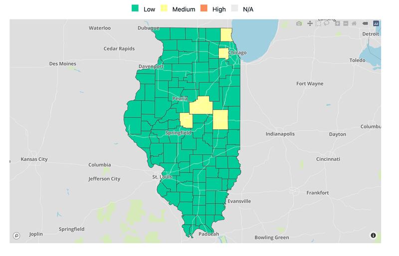 Five Illinois counties are now in "medium" risk for COVID-19, according to new data from the Illinois Department of Public Health, released April 29, 2022