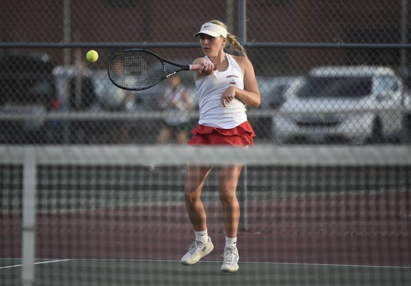 Bradley-Bourbonnais' Olivia Nuesse returns a hit in the first place doubles match of the All-City tournament against Kankakee on Wednesday, October 1, 2025.