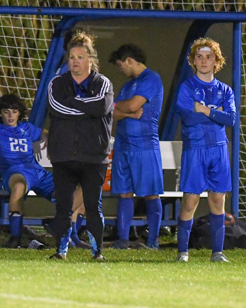 Hinckley-Big Rock's boys soccer coach Melissa Jennings looks on during the second half of the game on Monday's Sept. 26th while taking on Indian Creek held at Hinckley-Big Rock High School.