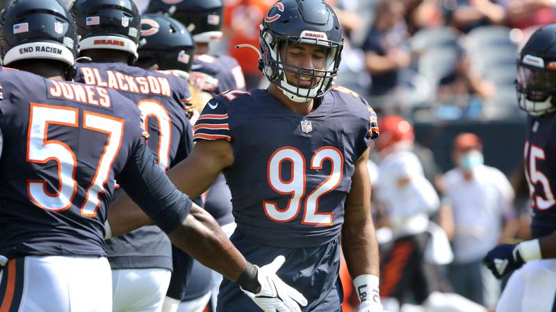 Chicago Bears linebacker Caleb Johnson gets loose before his game against the Cincinnati Bengals Sunday, Sep. 19, 2021 at Soldier Field in Chicago.