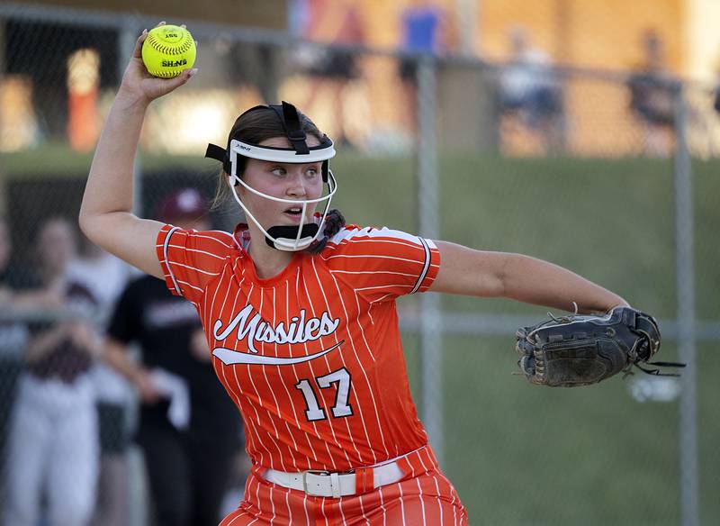 Milledgeville’s Brinley Hackbarth fires to first against Dakota Tuesday, May 26, 2026, at the Eastland Class 1A softball sectional quarterfinal.