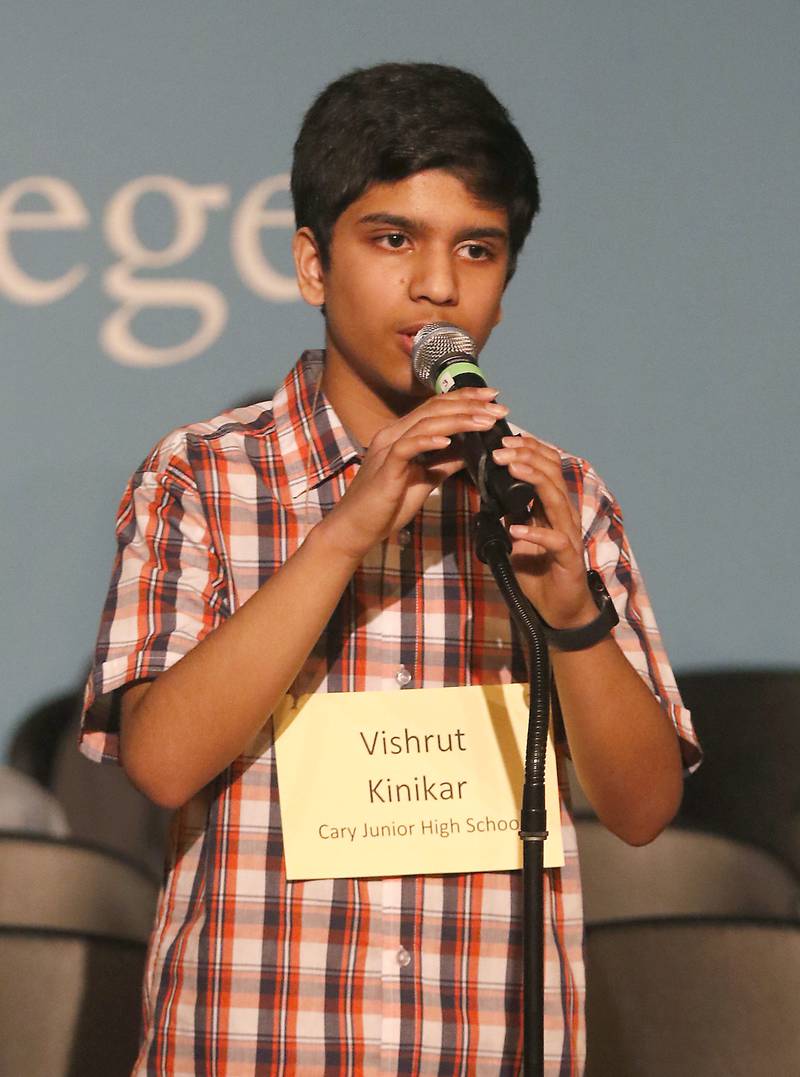 Vishrut Kinikar spells word on his way to winning the McHenry County Regional Office of Education 2023 Spelling Bee on Wednesday, March 22, 2023, at McHenry County College's Luecht Auditorium in Crystal Lake.