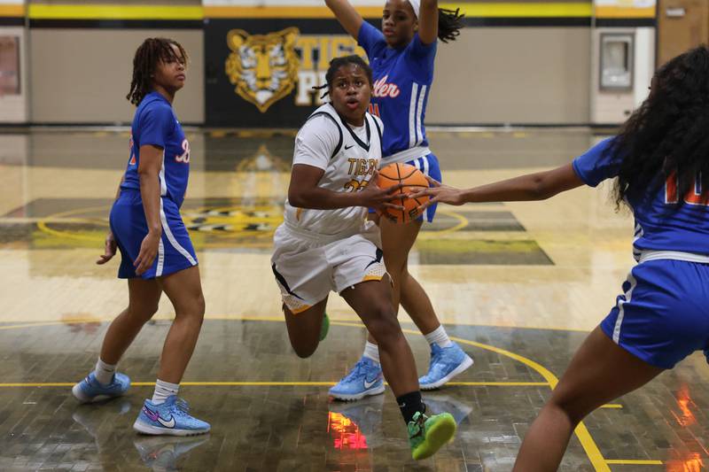 Joliet West’s Keniya Foster drives to the basket against Butler College Prep on Tuesday, Dec. 16, 2025 in Joliet.