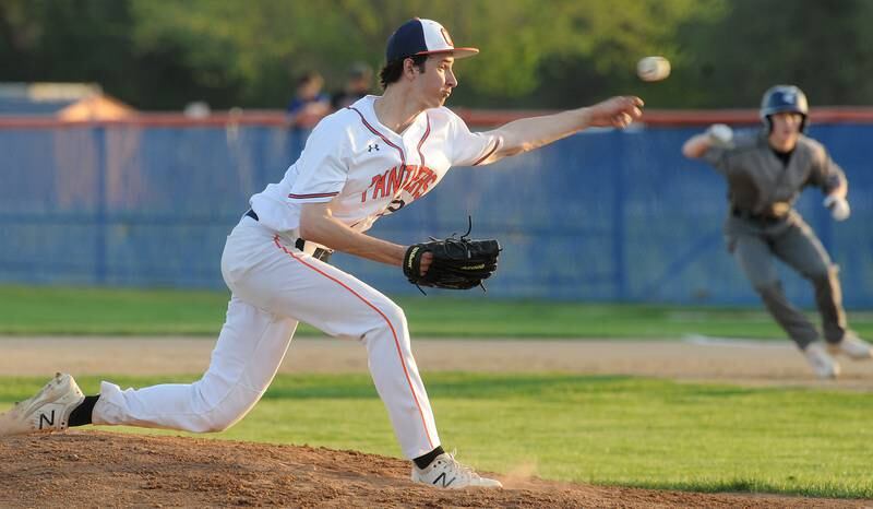 Oswego's Joey Cecola pitches to an Oswego East batter during a varsity boys baseball game on Thursday, May12, 2022 at Oswego High School.
