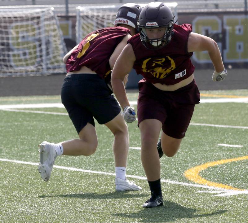 Richmond-Burton’s Riley Shea, runs his passing route during a 7 on 7 football practice Monday, July 14, 2025, at Richmond-Burton High School, with teams from Crystal Lake Central, Grayslake Central and Mundelein.
