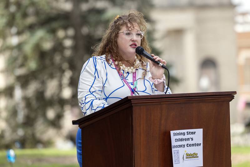 Lee County Assistant State's Attorney Bridget Schott speaks Friday, April 25, 2025, during “Hands Around the Courthouse,” an event meant to bring awareness to child abuse.