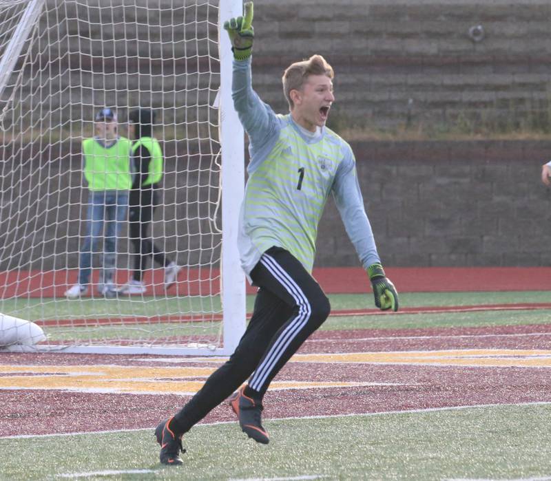 Timothy Christian's keeper Kyle Steiner reacts after stopping the final penalty kick of Wheaton Academy to win the Class 1A State soccer third place game on Saturday, Oct. 29, 2022 at EastSide Centre in Peoria.