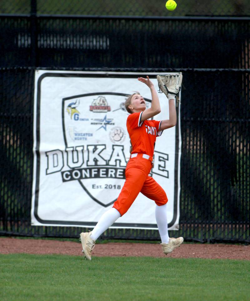 St. Charles East's Morgan Beers makes a catch in the outfield during a game against St. Charles North on Friday, April 25, 2025 at St. Charles North.