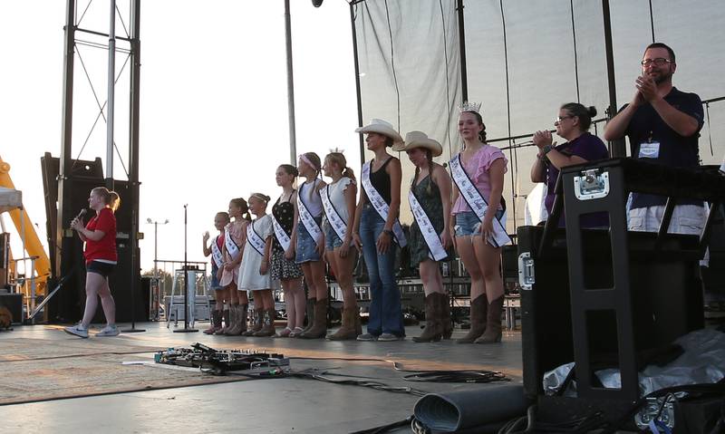 Shaw Local Radio personalities Dani Holland and Charles Van Horn introduce the 2023 Bureau County royalty on stage before the Sara Evans and Josh Turner concert on Thursday, Aug. 24, 2023 at the Bureau County Fair in Princeton.