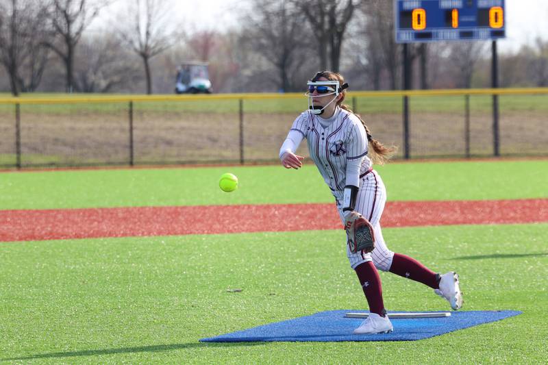Kankakee's Adleigh Cunningham releases a pitch during the Kays 20-11 loss to Crete-Monee on Tuesday, April 7, 2026.