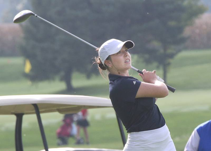 Fieldcrest's Julia Ehrnthaller tees off during the Class 1A Regional golf meet on Thursday, Sept. 28, 2023 at Spring Creek Golf Course in Spring Valley.