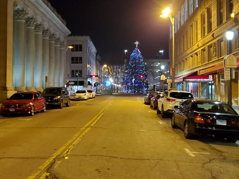 Downtown Joliet at night before the holidays is filled with a quiet, peaceful holiday spirit, if you know where to look.