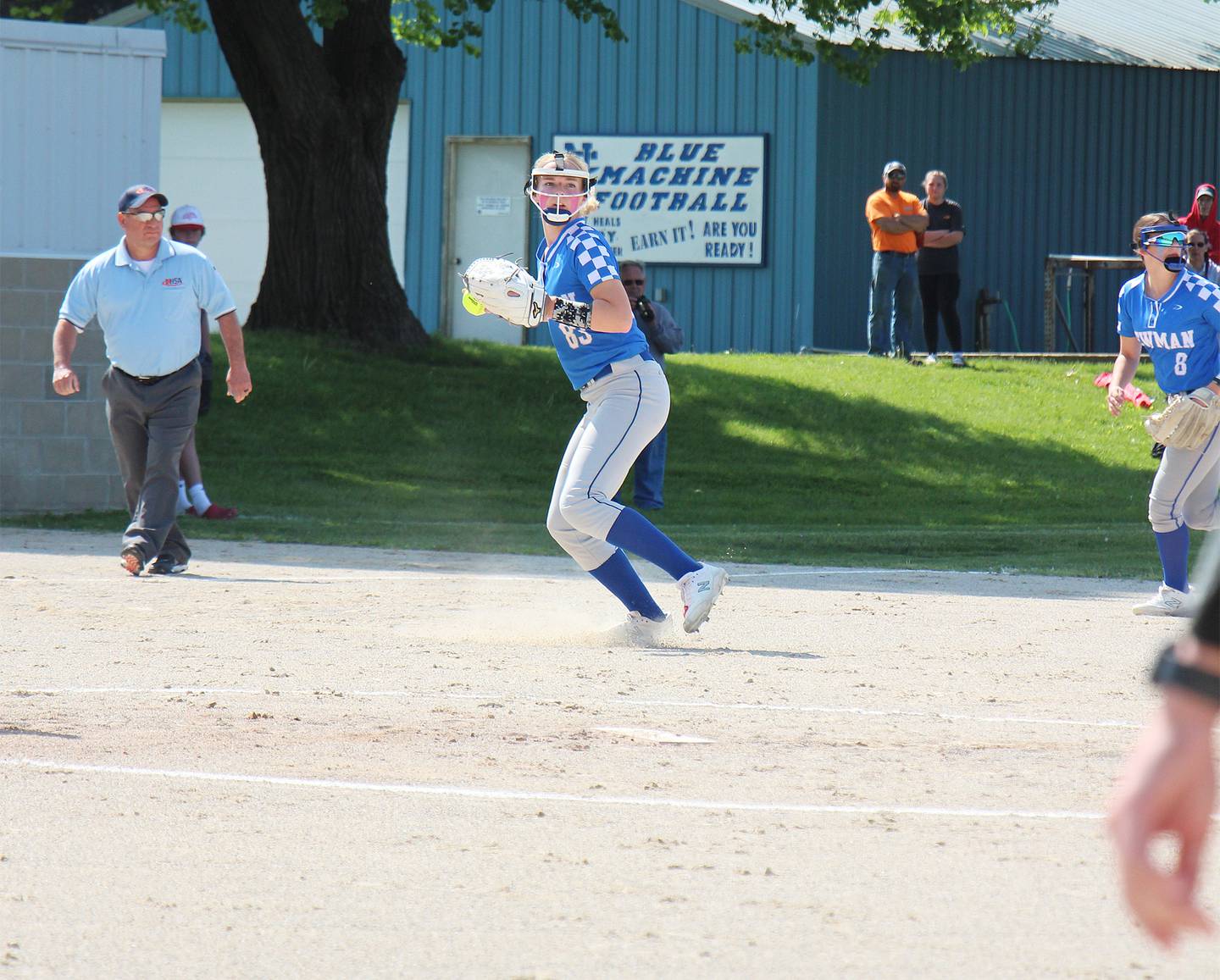 Newman's Jess Johns gets ready to throw to first for an out against Morrison on Saturday during the Class 1A Newman Regional championship in Sterling.