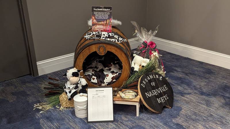 A Nashville-themed display is seen at the Shorewood HUGS annual chocolate ball fundraiser on Saturday, Feb. 3, 2024, at the  Posh Banquets & Event Center in Joliet. The fundraiser's theme this year was "Nashville Nights."