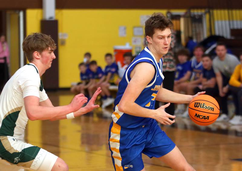 Johnsburg’s Danny Loud heads for the hoop against Boylan in varsity boys basketball Hinkle Holiday Classic action on Tuesday, Dec. 23, 2025, at Jacobs High School in Algonquin.