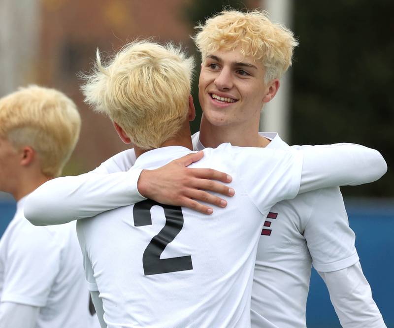 Prairie Ridge players celebrate Saturday, Nov. 9, 2024, after beating Lemont in the Class 2A state third place game at Hoffman Estates High School.
