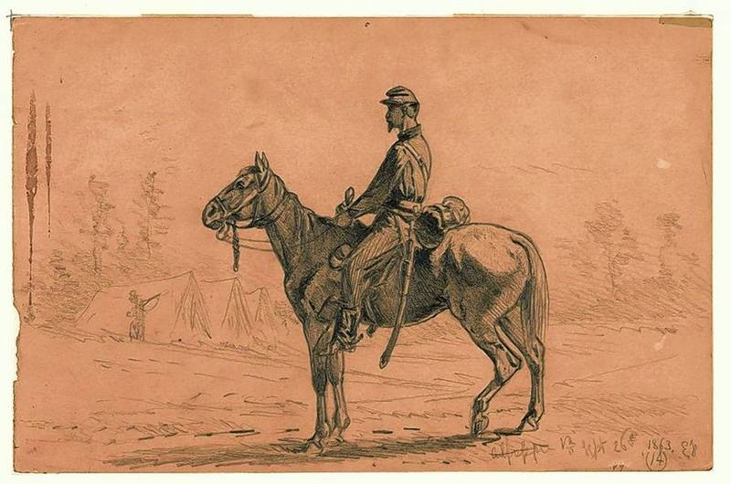 An 1863 drawing by Edwin Forbes shows a cavalry orderly waiting for orders in Culpeper, Virginia – much like John Sieburg of Illinois would have been.