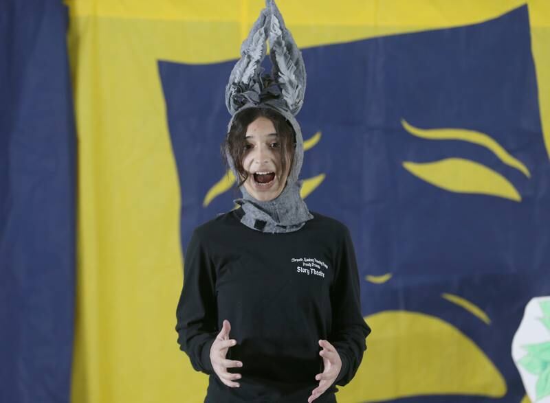 Savannah Guzman, acts out a scene during a rehearsal of "Once Upon A Time" on Tuesday, Nov. 12, 2024 at Marquette Grade School. The production is a story theatre featuring a collection of stories written from the stories in the collection of the Grimm Brothers and Aesop's Fables.