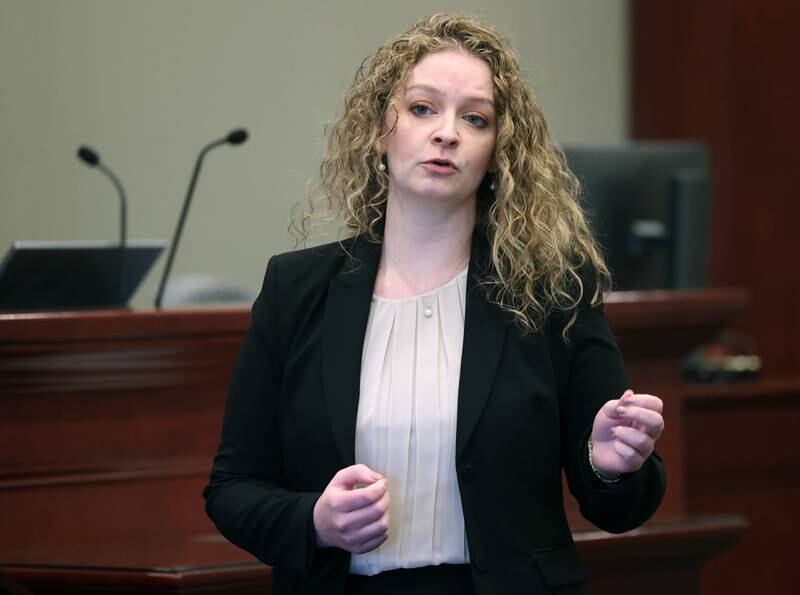 Emma Franklin, one of the defense lawyers for Jonathan Hurst, makes an opening statement on behalf of her client Thursday, Jan. 23, 2025, during his trial at the DeKalb County Courthouse in Sycamore. Hurst is charged in the 2016 slayings of Sycamore elderly mother and son Patricia and Robert Wilson.