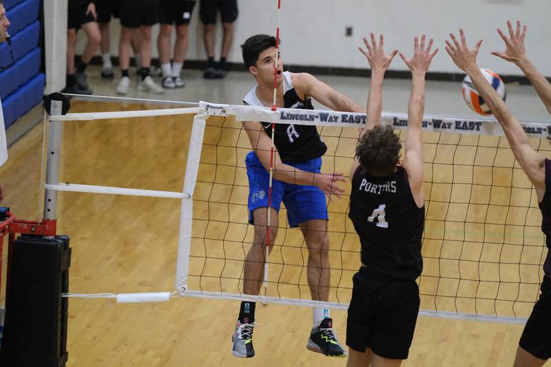 Lincoln-Way East’s Jon Guch powers a shot against Lockport in the Lincoln-Way East Tournament 3rd place match. Saturday, April 30, 2022, in Frankfort.