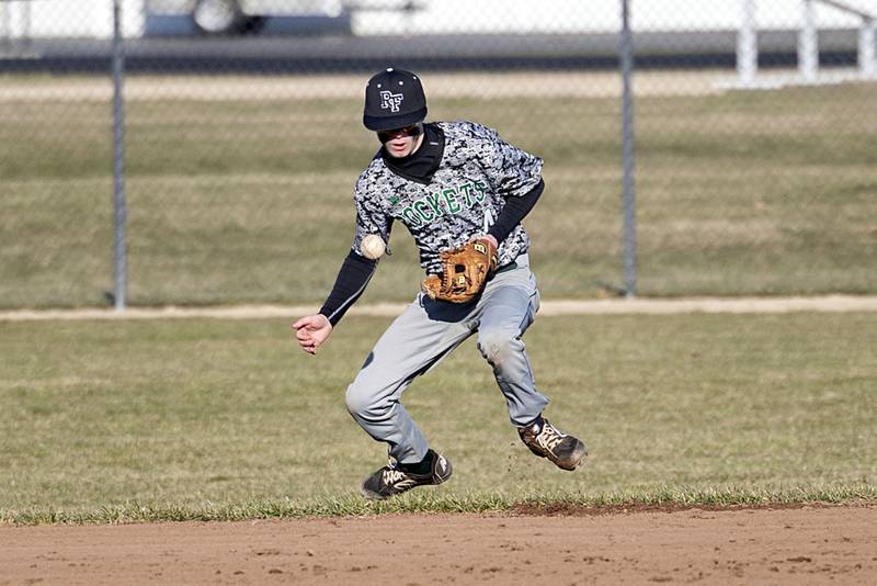 Rock Falls’ Aaron Meenen stays with a grounder at second base for an out Monday, March 27, 2023 versus Erie-Prophetstown.