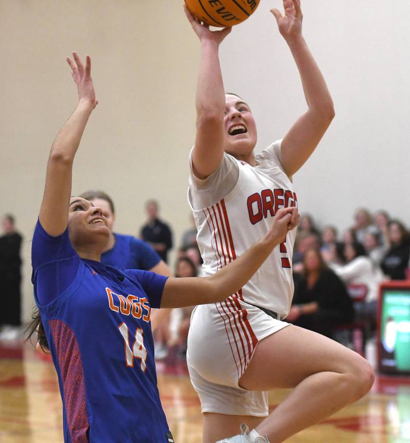 Oregon's Shaylee Davis shoots against Genoa-Kingston on Friday, Jan. 30, 2026 at the Blackhawk Center.