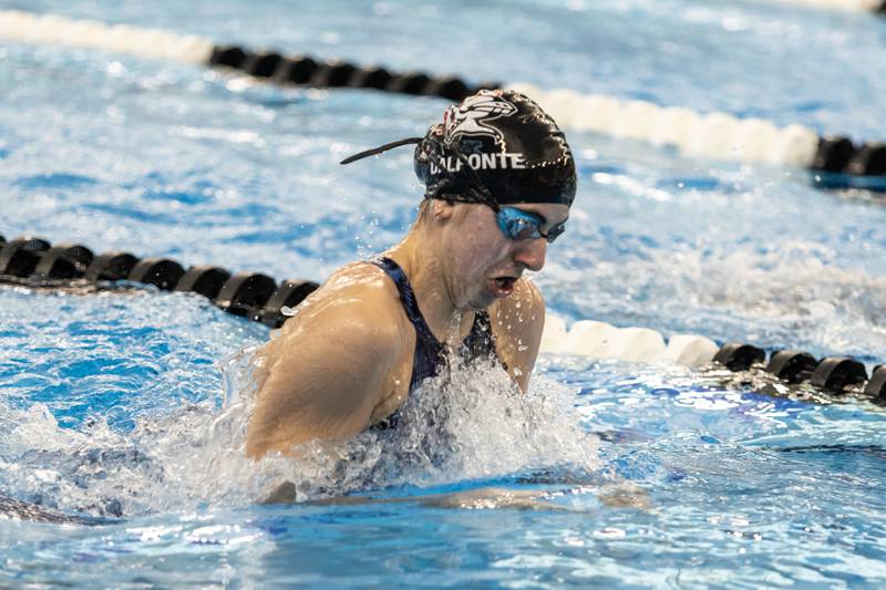 Lincoln-Way Central’s Genevieve Dal Ponte competes in the 200 Yard Medley Relay during the IHSA Girls State Swimming Preliminaries at FMC Natatorium in Westmont on Nov. 14, 2025.