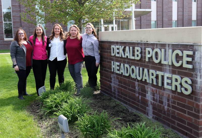 (From left) Cassie Hill, police social worker BA, Aracely Carrillo, police social worker BA, Bridgette Maurino, crisis manager licensed clinical social worker, Megan Nolan, police social worker licensed social worker and Ashley Maki, team lead licensed clinical social worker, Wednesday, May 8, 2025, at the DeKalb Police Department.