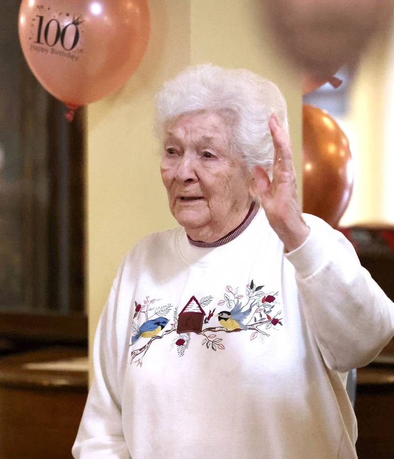 Heritage Woods of DeKalb resident Phyllis Fawcett, thanks everyone for her surprise 100th birthday party Thursday, March 21, 2024, at Heritage Woods.